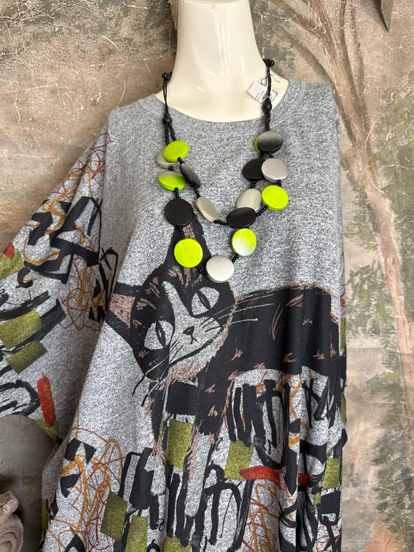 Oversized gray cat print crew pullover tunic with abstract art design on mannequin, styled with olive skirt and neon nec - 8