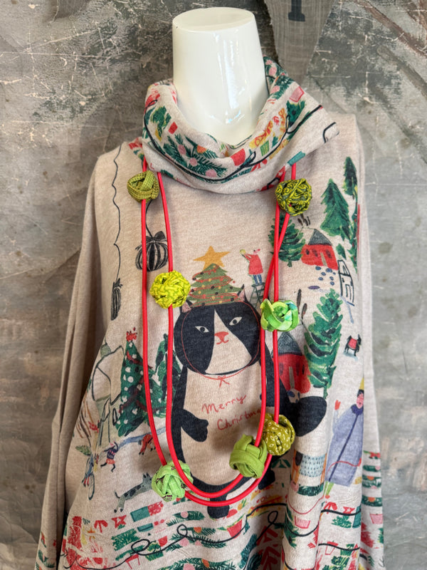 T1097 Cowlneck Dolman Slv Top-Howliday Greetings