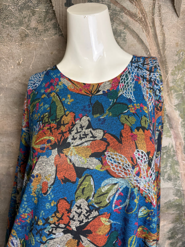 Oversized blue floral print crew pullover with orange and multicolor botanical pattern, long sleeves, relaxed fit - 8