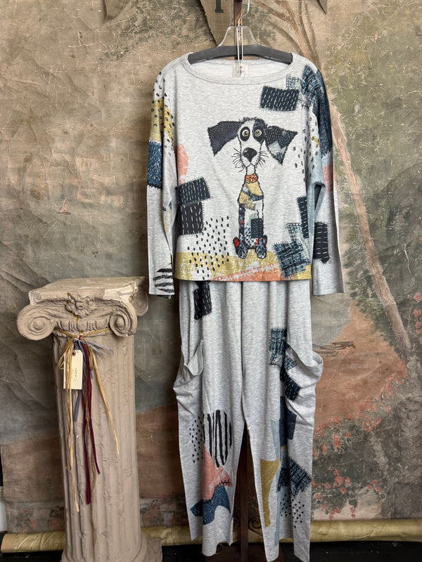 T434F Dolman Sleeve Crewneck Top Mister Patches gray abstract patchwork cat print with blue beaded necklace - 6