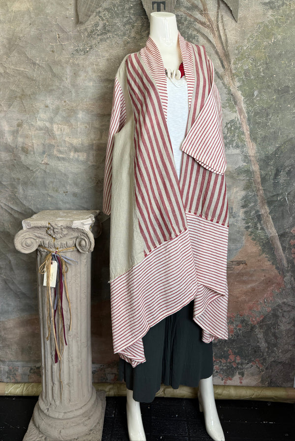 Magnolia Pearl linen duster with red stripe panels and LOVE appliqué on back, bohemian oversized fit - 2