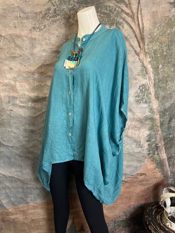 31163 Linen Mandarin Collar Top-Seablue