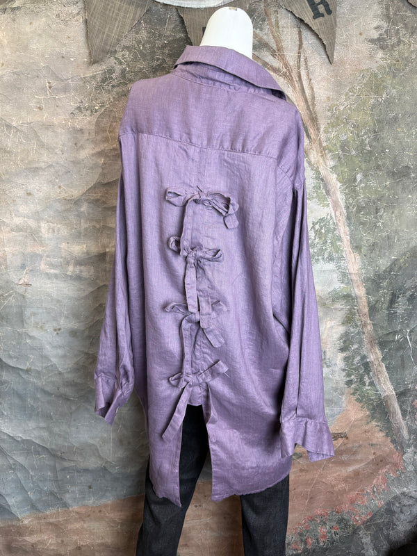 5021 Bettys Linen BF Bow Shirt-Lilac Grey