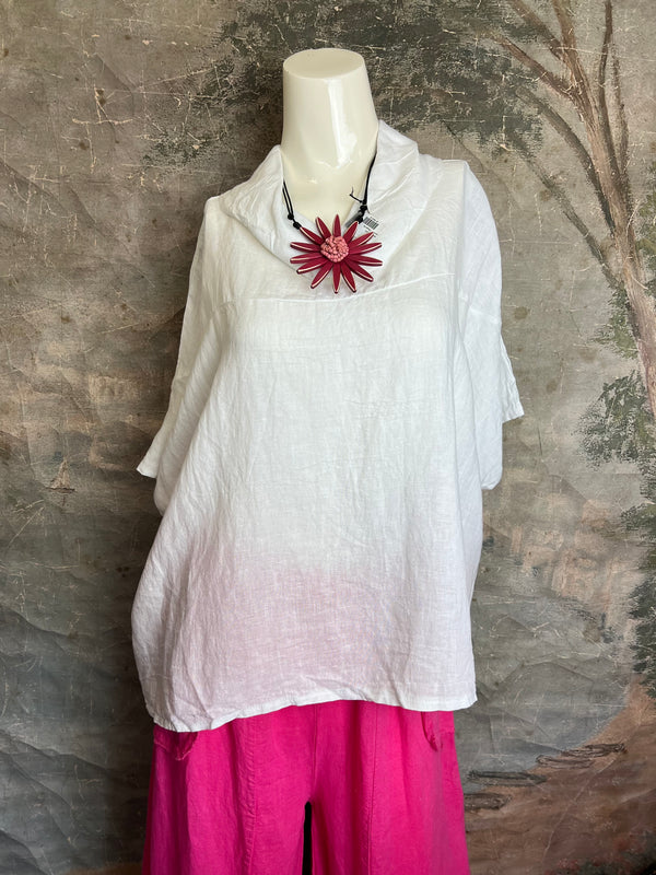 6250 Linen Cowl Neck Boxy Top-White