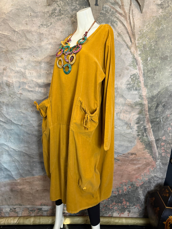 92003 Corduroy Pocket Dress-Mustard