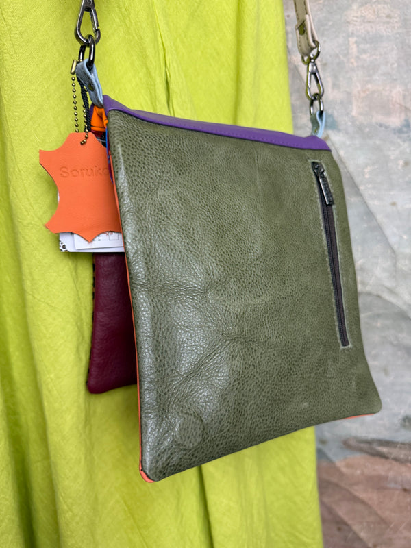 Soruka burgundy leather crossbody bag with orange trim and silver zipper, colorblock mini purse with chain strap - 25