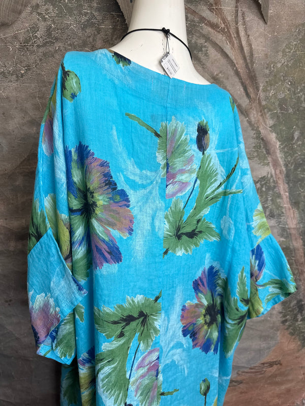 91225 Flower Garden Linen Top-Turq