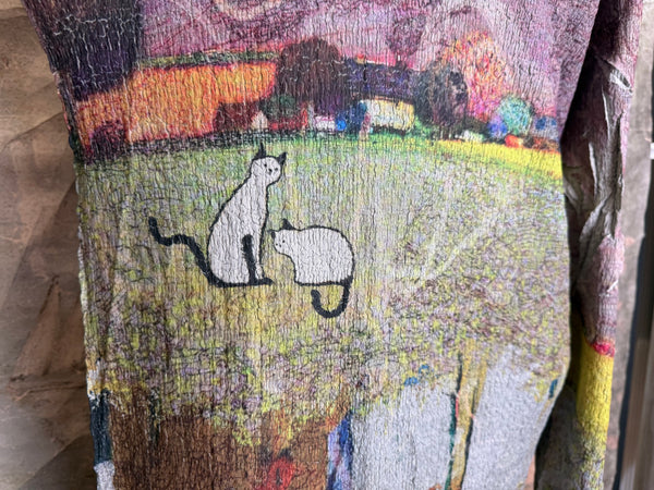 D540 Waffle Knit Cowlneck Dress in colorful abstract cat print with long sleeves and midi length - 22