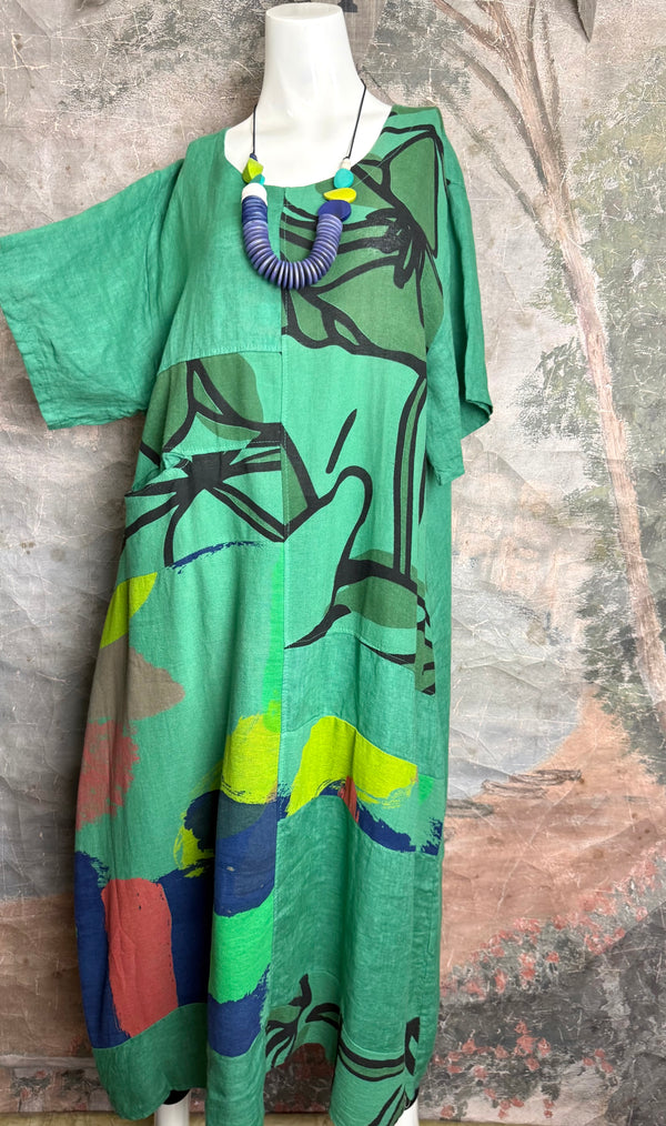 90617P-23 Linen Paint Dress-Gucci Green