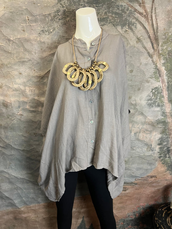 31163 Linen Mandarin Collar Top-Taupe