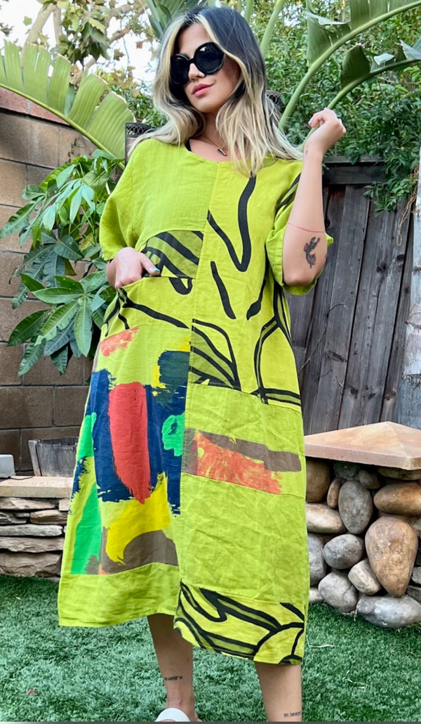 90617P-23 Linen Paint Dress-Gucci Green