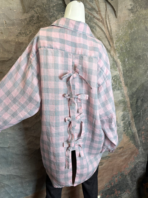 5021 Bettys Linen BF Bow Shirt-PINK/GREY BUFFALO PLAID