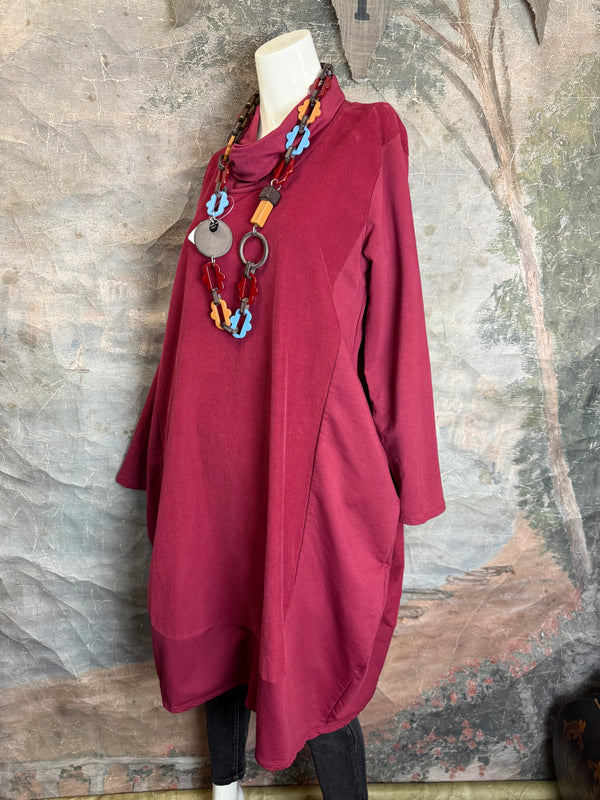 6512AU Cowlneck Bubble Dress-Wine