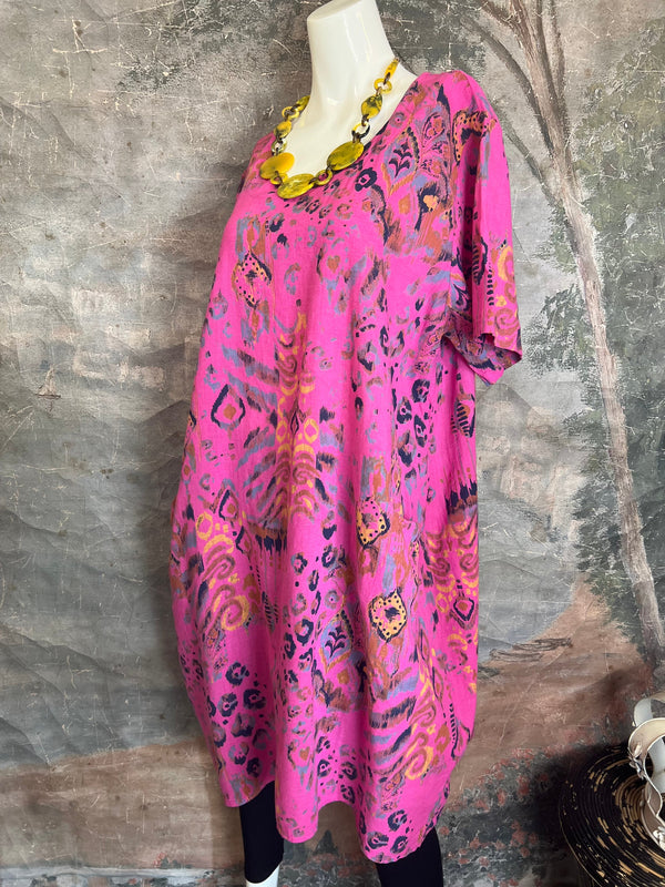 90847 Paint Splotch Print Dress-Fuchsia