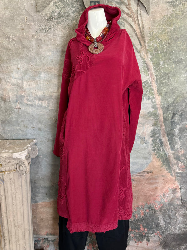 92178-62 Needlework Hoody Dress-Burgundy