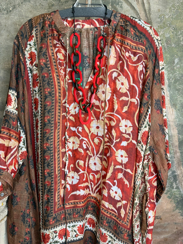 DYM287 Bohemian floral block print poet maxi dress in rust red and brown with chain necklace accent - 8