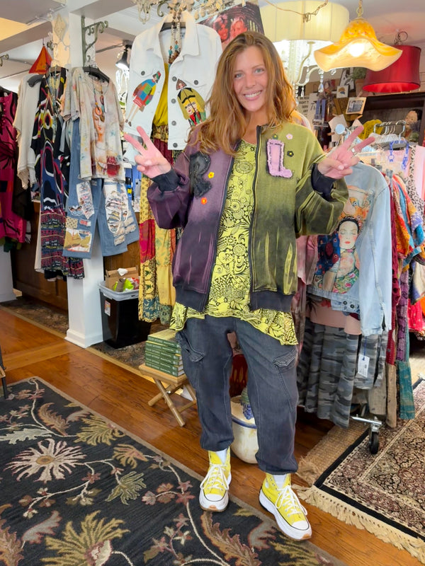 Sequin R&L patch bomber jacket in purple and yellow-green ombre with floral accents, styled with tiered maxi skirt - 3