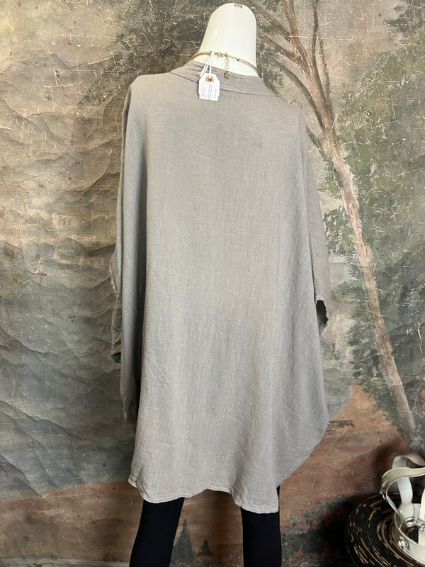 31163 Linen Mandarin Collar Top-Taupe