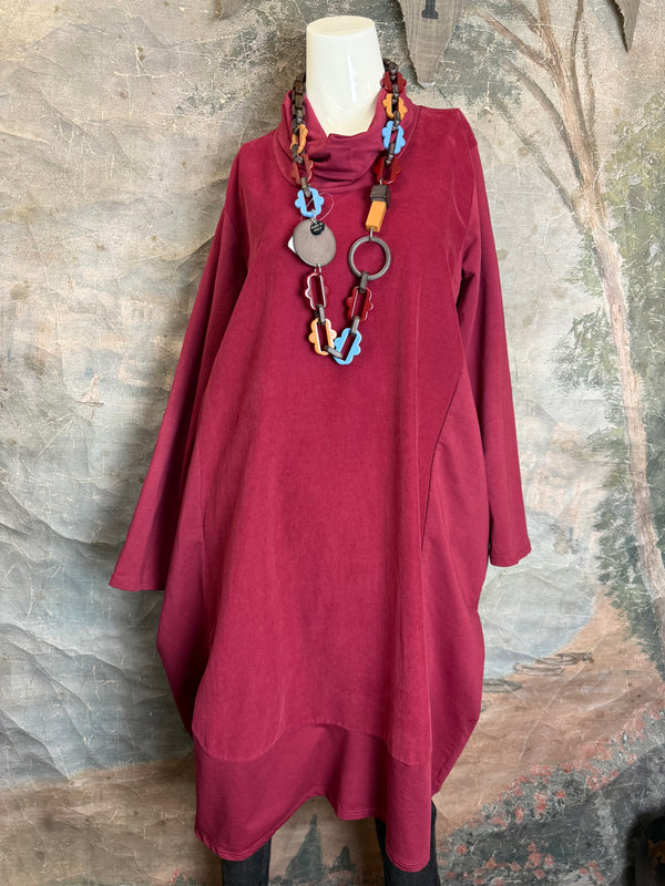 6512AU Cowlneck Bubble Dress-Wine