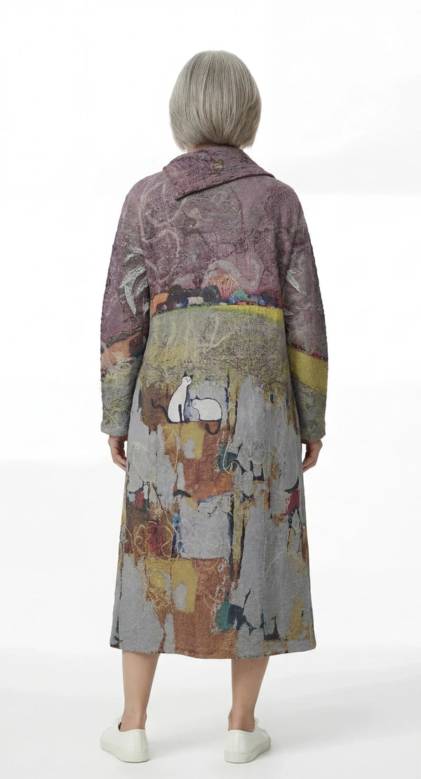 D540 Waffle Knit Cowlneck Dress in colorful abstract cat print with long sleeves and midi length - 2