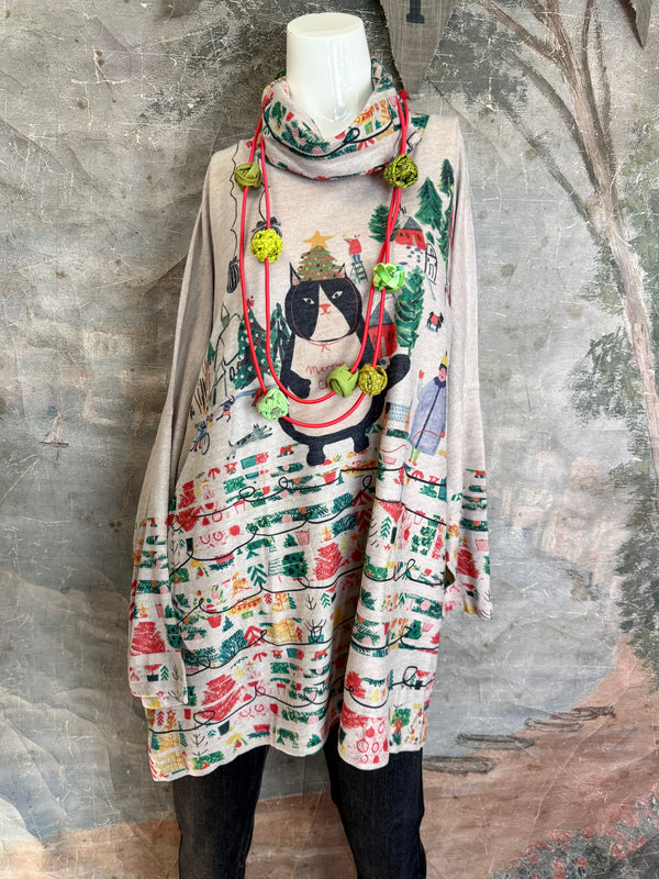 T1097 Cowlneck Dolman Slv Top-Howliday Greetings