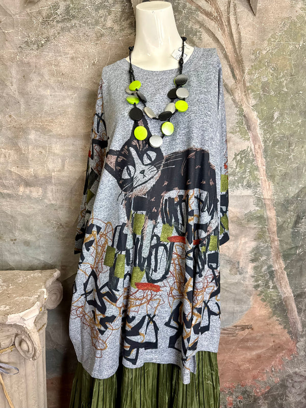 Oversized gray cat print crew pullover tunic with abstract art design on mannequin, styled with olive skirt and neon nec - 4