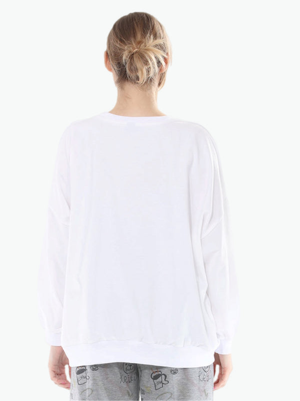 White oversized sweatshirt tee with colorful cartoon teddy bear print and black bow detail, casual kawaii style - 3