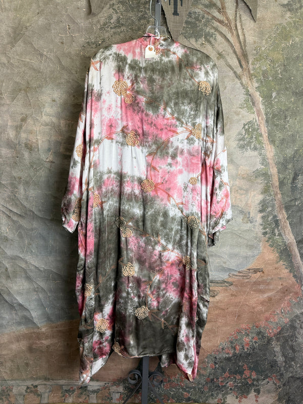 Tie-dye floral kimono duster in pink and olive with gold rose print, styled with colorful disc necklace - 3