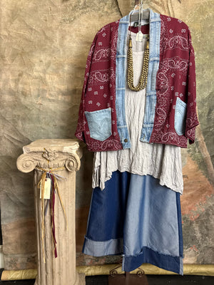 Burgundy bandana print short kimono with denim pocket accents, layered over white top and blue denim skirt with bead nec - 1