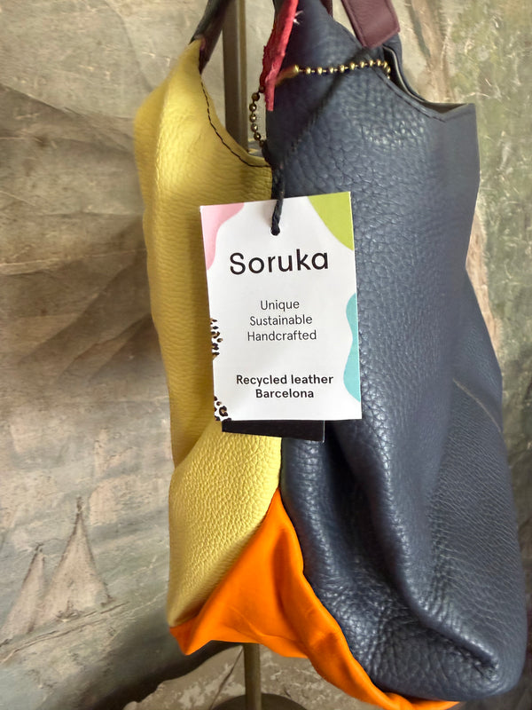 Soruka Agatha navy blue recycled leather crossbody bag with burgundy handle and orange lining, Barcelona handcrafted - 22