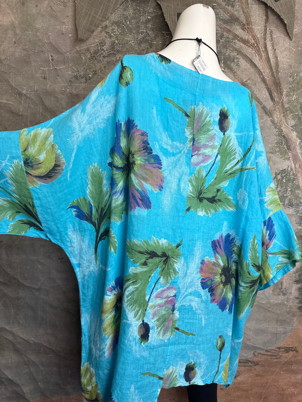 91225 Flower Garden Linen Top-Turq