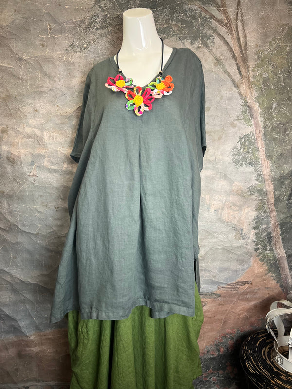 6039 O'Size Linen Pleated Tunic-Clay