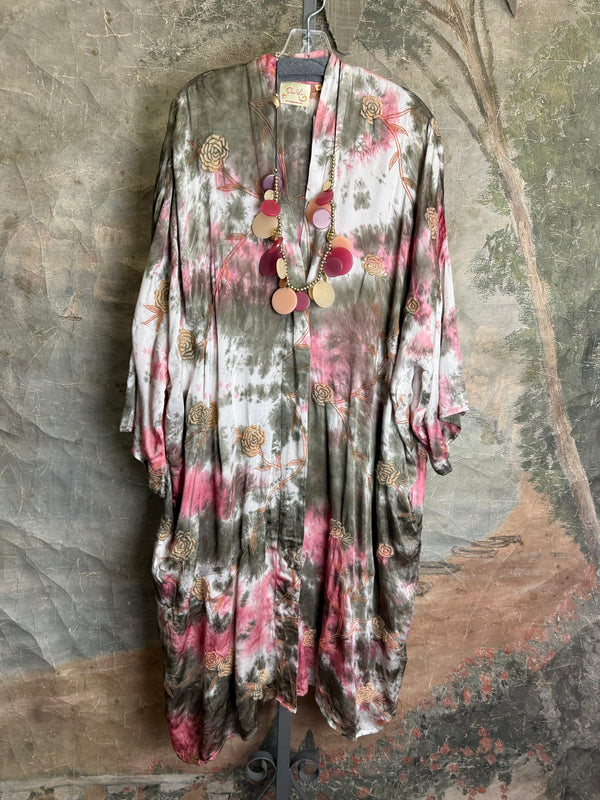 Tie-dye floral kimono duster in pink and olive with gold rose print, styled with colorful disc necklace - 1