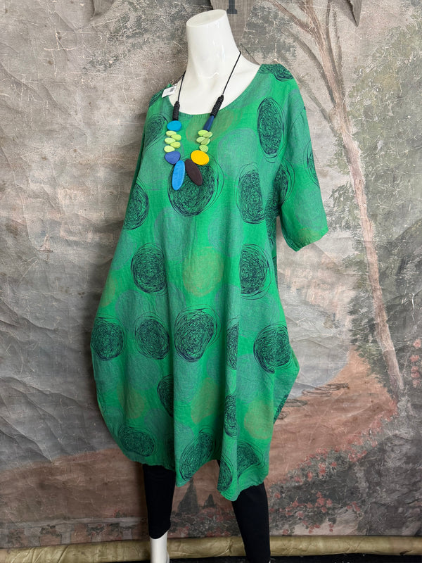 91311A Circles Drawstring Dress-Green