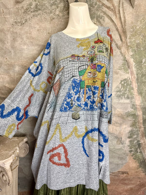 Gray oversized crew pullover sweater with colorful Nona's Kitchen interior scene print and abstract brushstroke details - 1