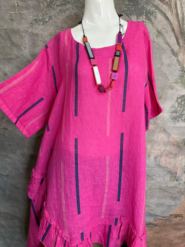 91307S Ruffle Stripe Tunic-Fuchsia