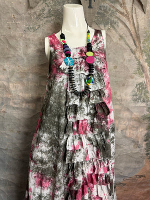Pink gray tie-dye sleeveless ruffle tank maxi dress with colorful beaded necklace on mannequin PL-C219D - 1