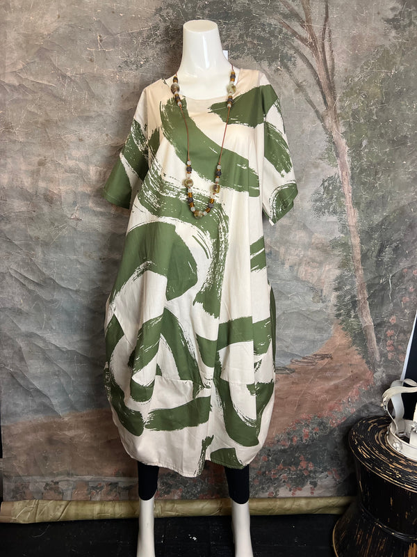 91907 ART Brush Stroke Dress-Olive