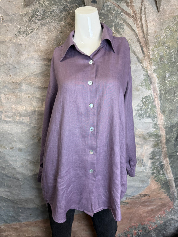 5021 Bettys Linen BF Bow Shirt-Lilac Grey