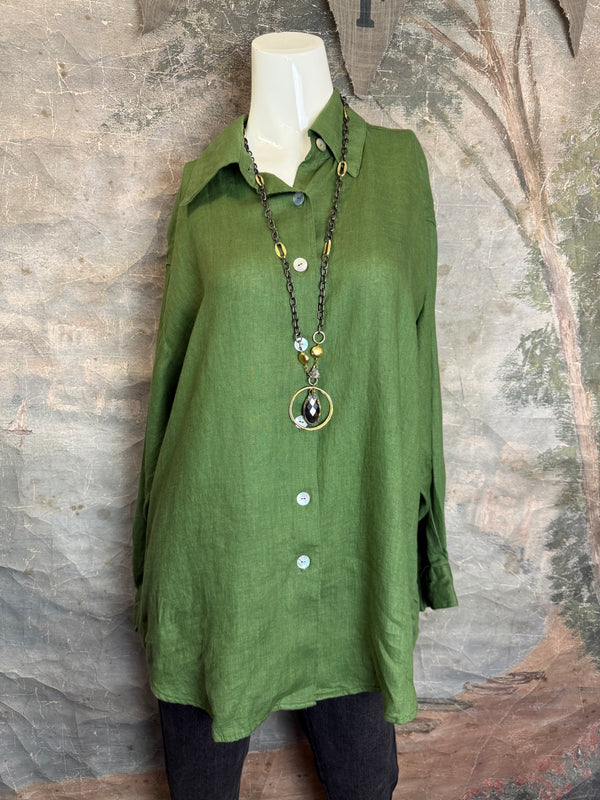 5021 Bettys Linen BF Bow Shirt-Dark Green