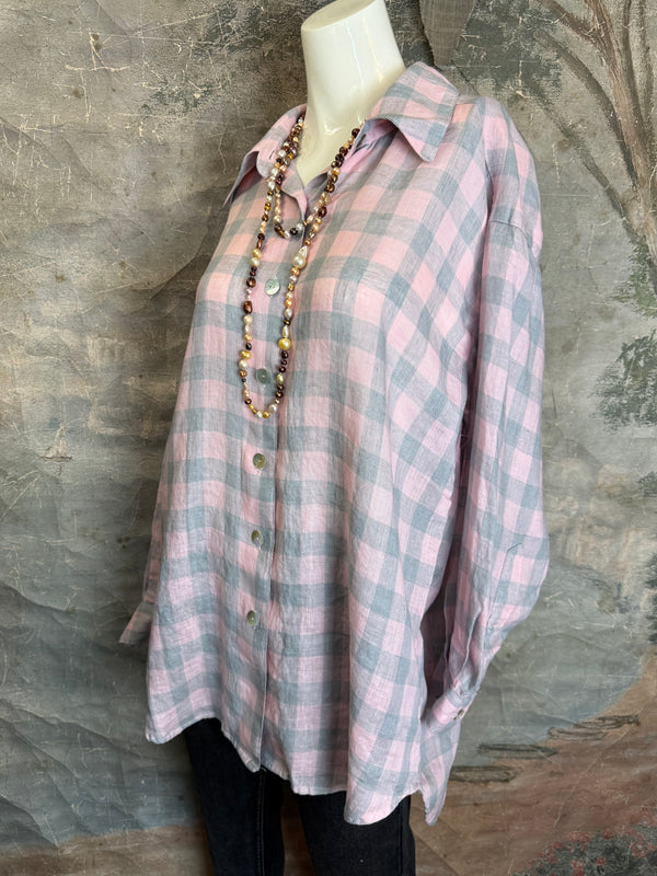 5021 Bettys Linen BF Bow Shirt-PINK/GREY BUFFALO PLAID