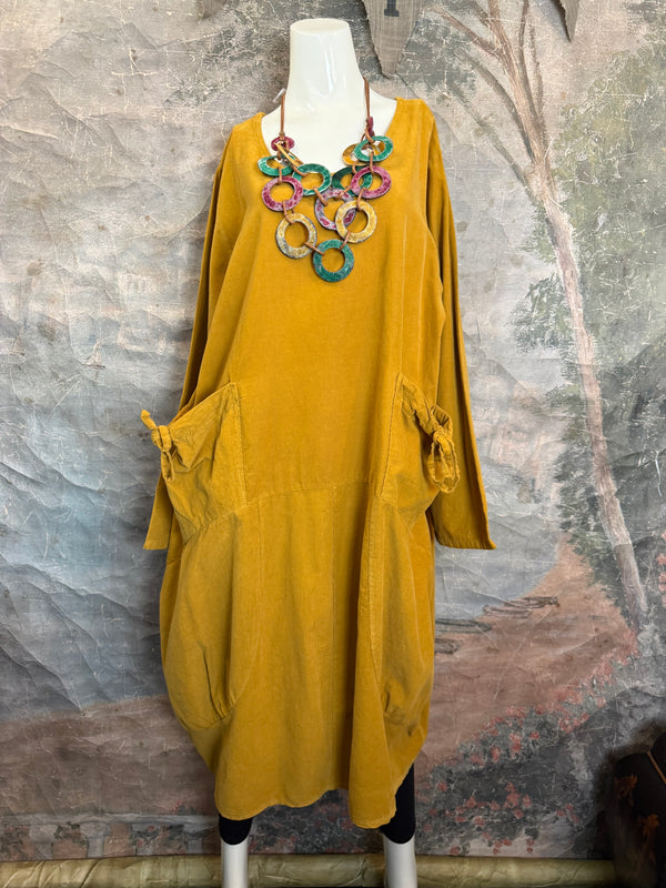 92003 Corduroy Pocket Dress-Mustard