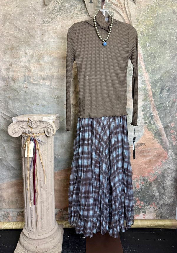 Olive green waffle knit turtleneck long sleeve fitted top displayed with chunky beaded statement necklace on hanger - 9