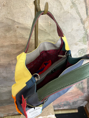 Soruka Agatha navy blue recycled leather crossbody bag with burgundy handle and orange lining, Barcelona handcrafted - 2