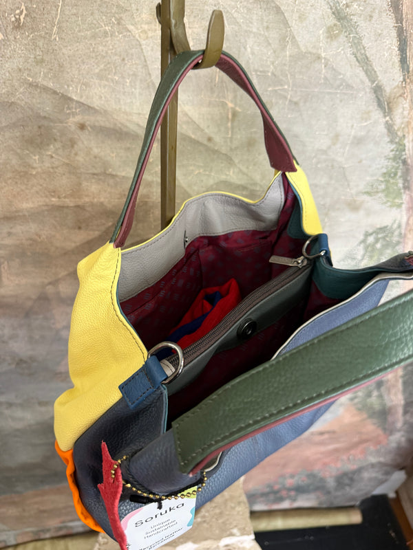 Soruka Agatha navy blue recycled leather crossbody bag with burgundy handle and orange lining, Barcelona handcrafted - 2