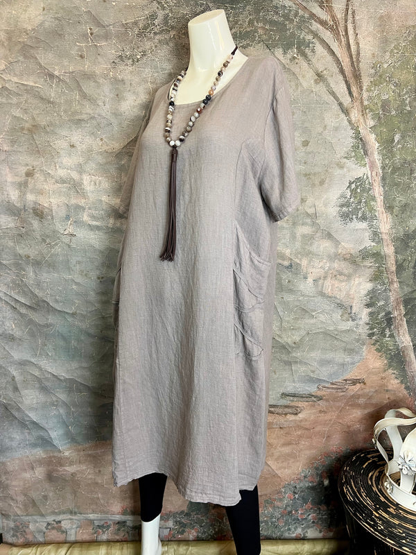 31173GN Linen Tape Accent Dress-Taupe