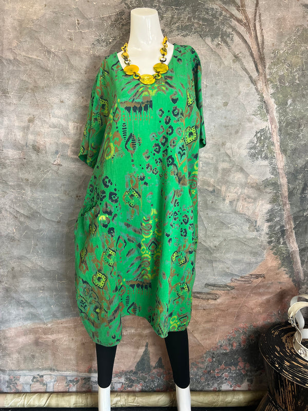 90847 Print Linen Dress-Green