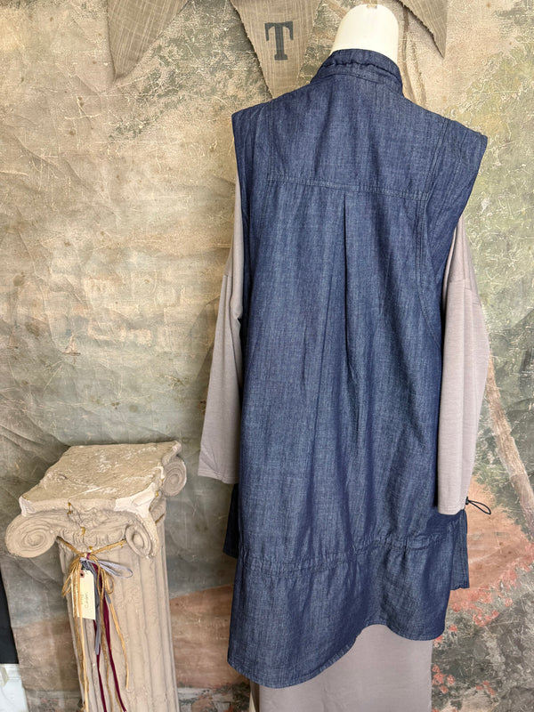 Long denim zip-front sleeveless vest with drawstring hem displayed on mannequin, boutique Merritt style - 10