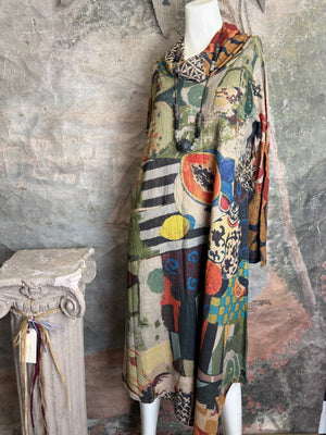 D541 waffle knit cowlneck dress featuring vibrant abstract fruit and geometric mixed print, draped on mannequin - 4