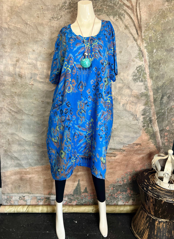 90847 Paint Splotch Print Dress-Blue